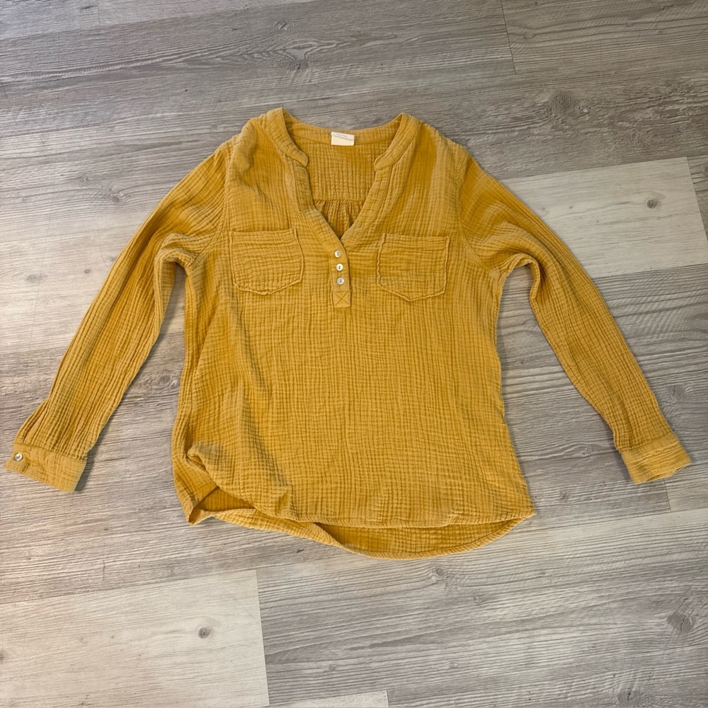 Mote Size Large 100% Cotton Blouse Spring Yellow Long Sleeve with Buttons
